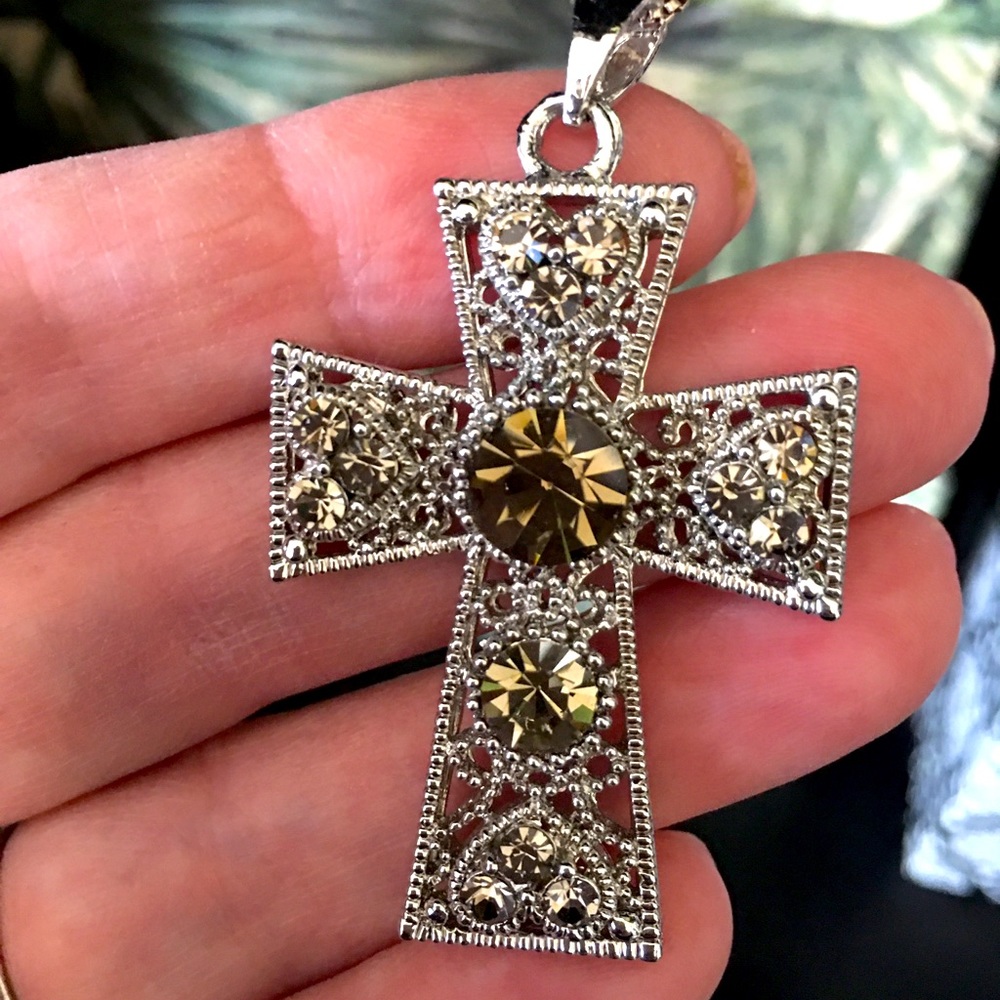 Cross Pendant Silver-tone Filigree With Amber Crystal Stones